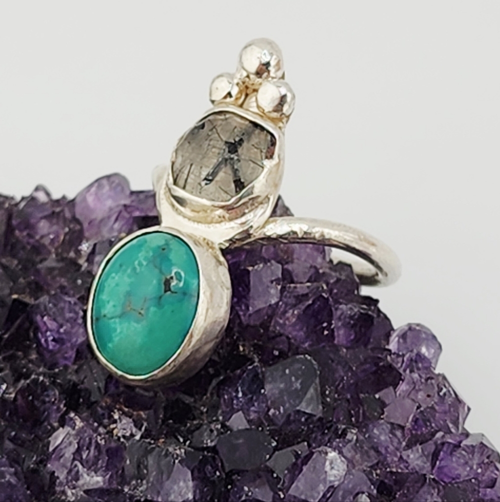 TURQUOISE & RUTILATED QUARTZ HANDMADE RING IN STERLING SILVER METAL SIZE 7
